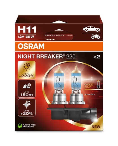 [64211NB220-2HB] 12V 55W PGJ19-2 H11 NIGHT BREAKER 220%