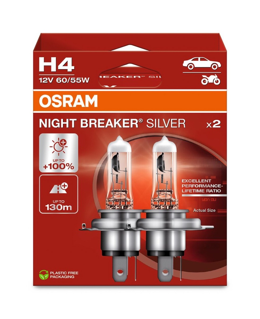 12V 60/55W P43t H4 NIGHT BREAKER® SILVER BOX-02 Ecopack